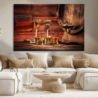 52458-MGV-CV-36X24-Whiskey Pour Wall Art – Elegant Whiskey Bottle Pouring into Glasses Canvas Print, Refined Bar or Lounge Decor for Home, Office, or