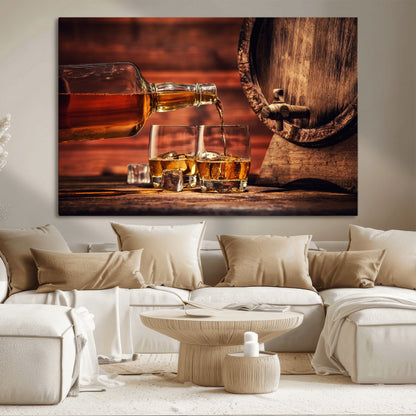 52458-MGV-CV-36X24-Whiskey Pour Wall Art – Elegant Whiskey Bottle Pouring into Glasses Canvas Print, Refined Bar or Lounge Decor for Home, Office, or