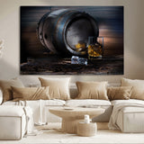 78049-MGV-CV-36X24-Whiskey Barrel Wall Art – Rustic Whiskey Barrel and Glass with Ice Canvas Print, Classic Bar or Lounge Decor for Home, Office, or