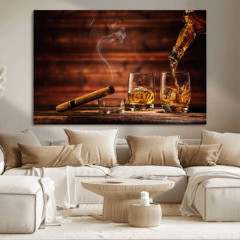 91042-MGV-CV-36X24-Whiskey & Cigar Wall Art – Elegant Whiskey Pour and Smoldering Cigar Canvas Print, Sophisticated Bar or Lounge Decor for Home,