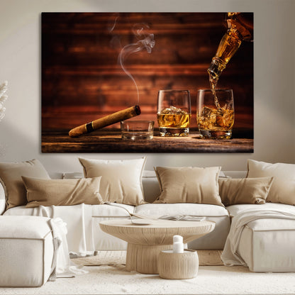 91042-MGV-CV-36X24-Whiskey & Cigar Wall Art – Elegant Whiskey Pour and Smoldering Cigar Canvas Print, Sophisticated Bar or Lounge Decor for Home,