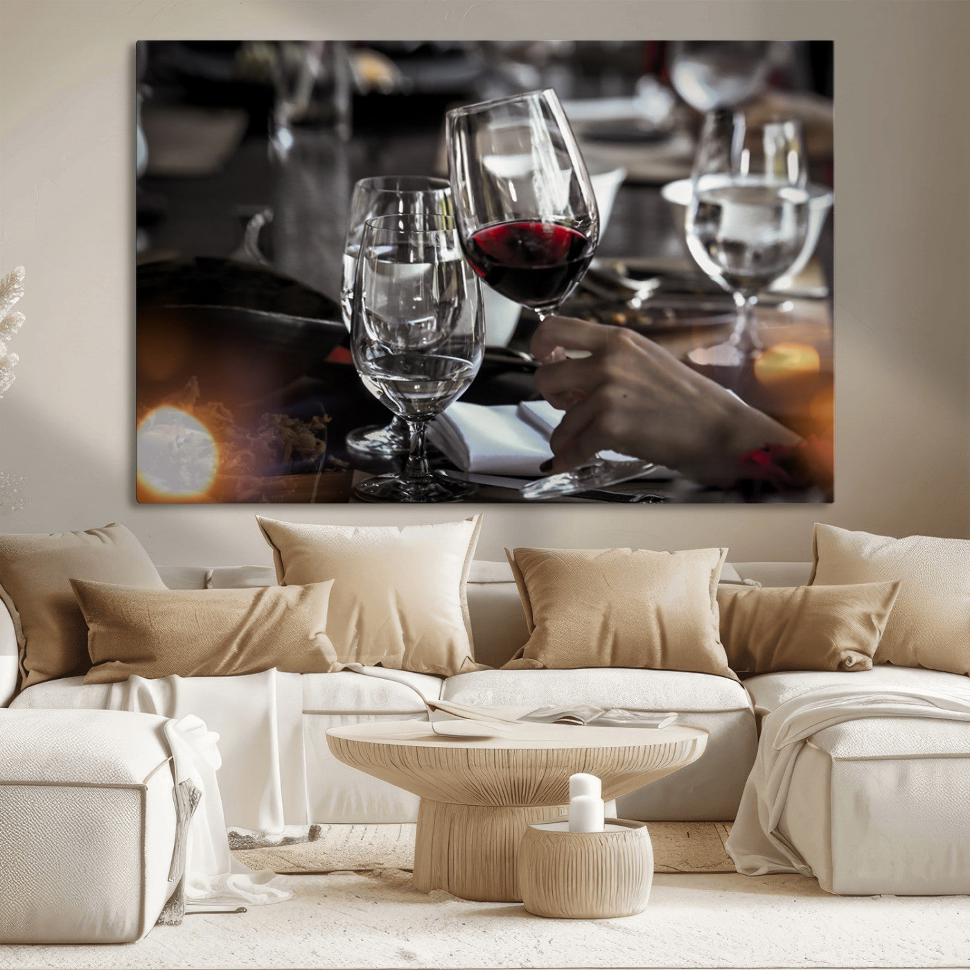 75513-MGV-CV-36X24-Elegant Wine Toast Wall Art – Close-Up Red Wine Glass at Dinner Table Canvas Print, Sophisticated Dining Room or Bar Decor