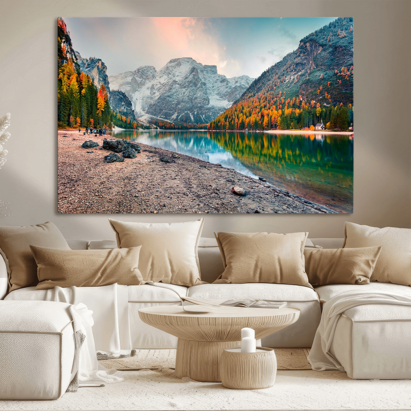 25982-MGV-CV-36X24-Autumn Mountain Lake Wall Art – Panoramic Fall Foliage and Snowy Peaks Canvas Print, Scenic Nature Decor for Living Room or Office