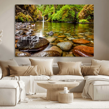 98096-MGV-CV-36X24-Serene River Waterfall Nature Photo – Calm Clear Water, Vibrant Green Forest and Smooth Stones Landscape Wall Art for Home or