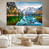 10402-MGV-CV-36X24-Snowy Mountain Lake Wall Art – Autumn Landscape Canvas Print with Reflection, Nature Decor for Living Room, Office, Bedroom or