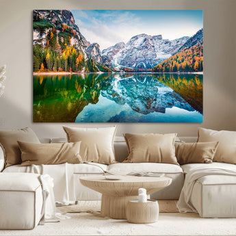 10402-MGV-CV-36X24-Snowy Mountain Lake Wall Art – Autumn Landscape Canvas Print with Reflection, Nature Decor for Living Room, Office, Bedroom or