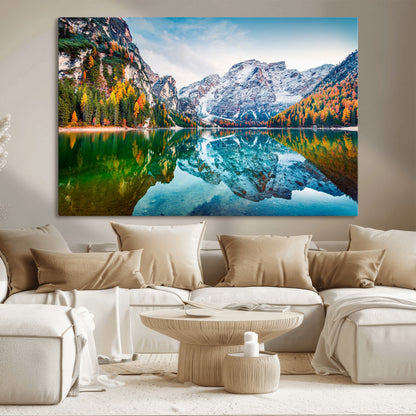 10402-MGV-CV-36X24-Snowy Mountain Lake Wall Art – Autumn Landscape Canvas Print with Reflection, Nature Decor for Living Room, Office, Bedroom or