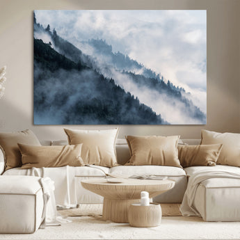 85737-MGV-CV-36X24-Misty Mountain Wall Art – Atmospheric Pine Forest Canvas Print with Fog and Mist, Calm Nature Decor for Living Room, Bedroom,