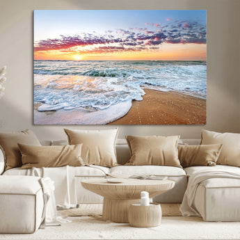 39560-MGV-CV-36X24-Sunrise Beach Wall Art – Vibrant Ocean Waves and Golden Sand Canvas Print, Seaside Coastal Decor for Living Room, Bedroom or