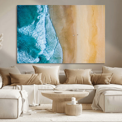 46640-MGV-CV-36X24-Aerial Beach Wall Art – Turquoise Waves and Golden Sand Canvas Print with Lone Surfer, Coastal Ocean Decor for Living Room,