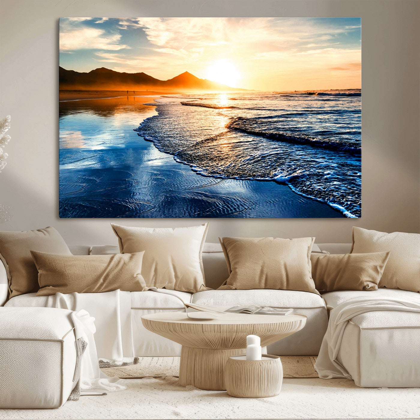 86173-MGV-CV-36X24-Golden Sunset Beach Wall Art – Reflective Ocean Canvas Print with Mountains and Waves, Coastal Nature Decor for Living Room,