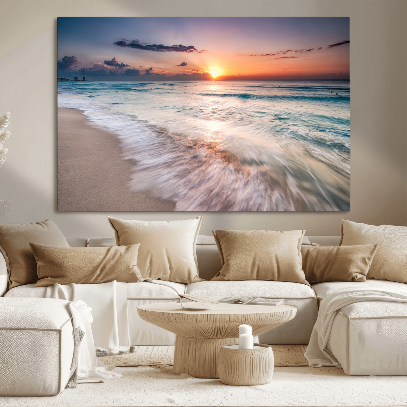71849-MGV-CV-36X24-Sunrise Ocean Beach Wall Art – Serene Seascape Canvas Print with Gentle Waves, Coastal Nature Decor for Bedroom, Living Room or
