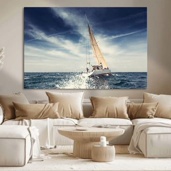 75430-MGV-CV-36X24-Sailing Boat Wall Art – Dynamic Ocean Yacht Canvas Print, Nautical Decor for Living Room, Office, Beach House or Cabin