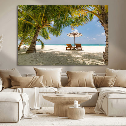 83601-MGV-CV-36X24-Tropical Beach Wall Art – Serene Palm Trees and Lounge Chairs Canvas Print, Relaxing Coastal Decor for Living Room, Bedroom or
