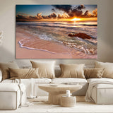 38302-MGV-CV-36X24-Sunset Beach Wall Art – Stunning Ocean Waves and Rock Canvas Print, Warm Coastal Decor for Living Room, Bedroom, Office or Beach