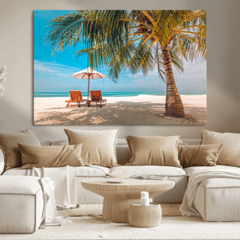 69754-MGV-CV-36X24-Tropical Beach Wall Art – Relaxing Palm Tree and Lounge Chairs Canvas Print, Serene Coastal Decor for Living Room, Bedroom, Office