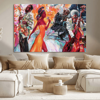 24452-MGV-CV-36X24-Vibrant Jazz Musician Painting - Expressive Art Print of Live Jazz Band, Perfect Wall Decor for Music Lovers and Art Enthusiasts