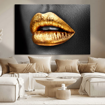 84747-MGV-CV-36X24-Golden Lips Black & White Portrait – Glamorous Metallic Lip Art Print, Modern Wall Decor for Bedroom, Beauty & Fashion Lover Gift