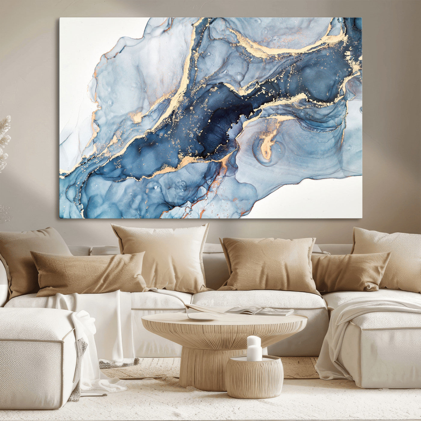 33782-MGV-CV-36X24-Abstract Marble Wall Art – Blue & Gold Fluid Painting Canvas Print, Modern Home Decor for Living Room, Bedroom or Office