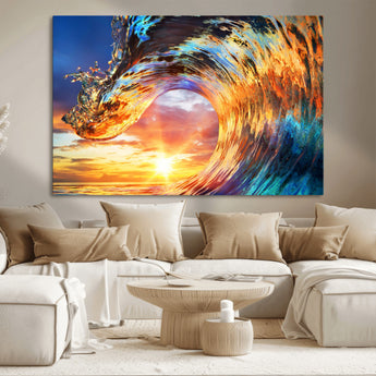 52890-MGV-CV-36X24-Surfing Wave Wall Art Canvas Print, Framed Sunset Ocean Art Picture Print, Ocean Wave Perfect Nautical Decor Artwork