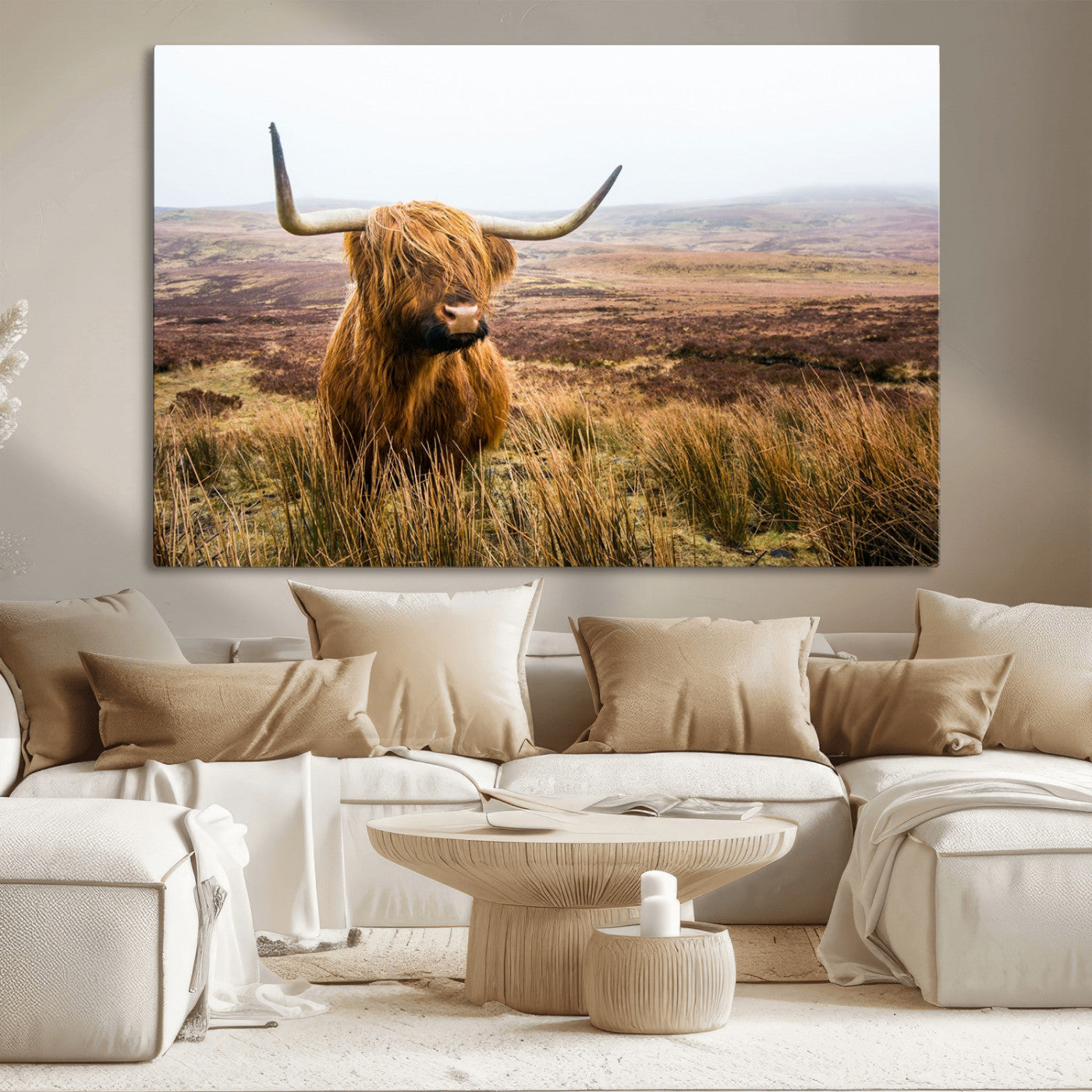 79391-MGV-CV-36X24-Majestic Highland Cow in Misty Scottish Moorland – Rustic Natural Charm, Perfect for Unique Home or Office Decor