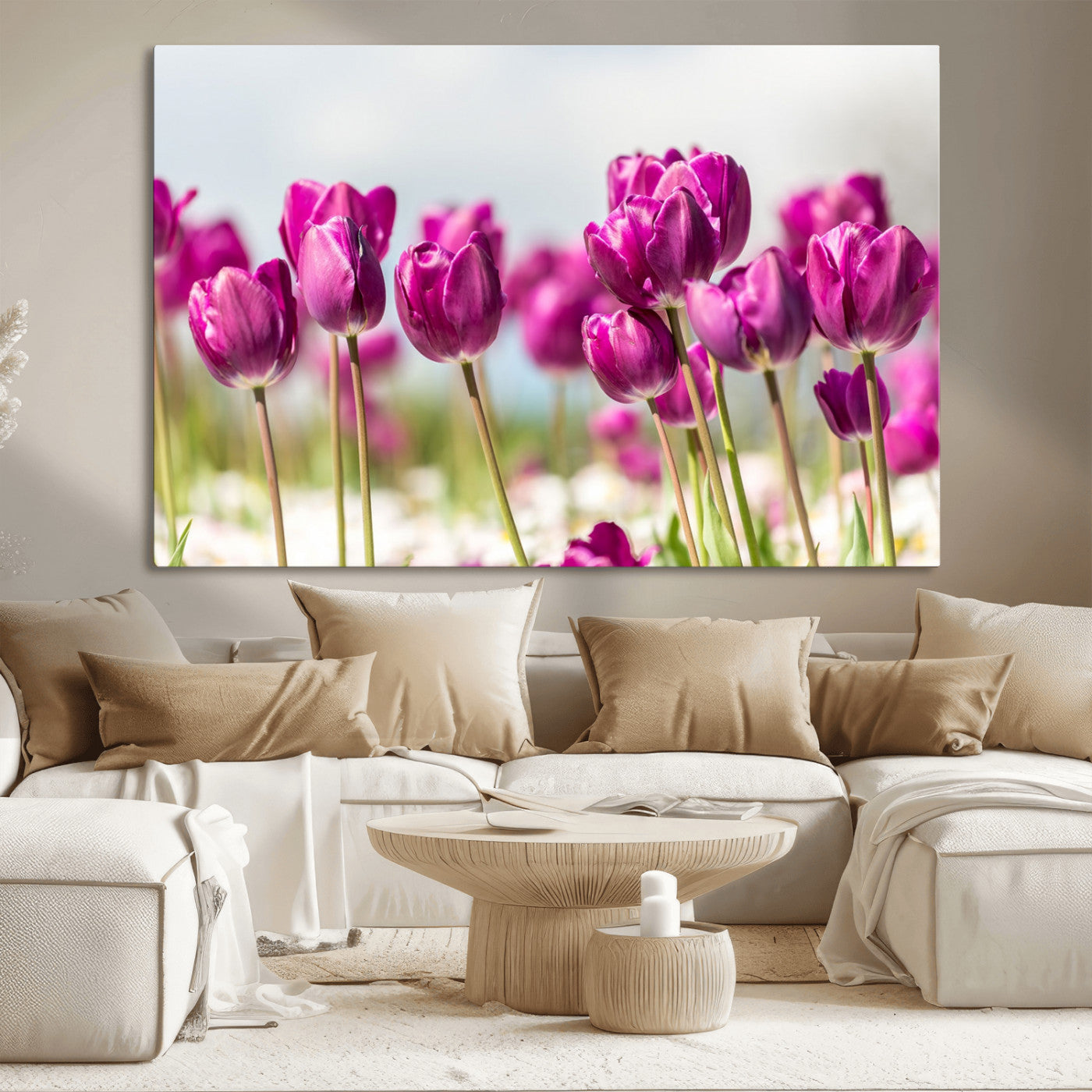 30632-MGV-CV-36X24-Purple Tulip Field Wall Art – Beautiful Spring Flowers Canvas Print with Soft Focus and Bright Sky, Ideal Floral Decor for Home or