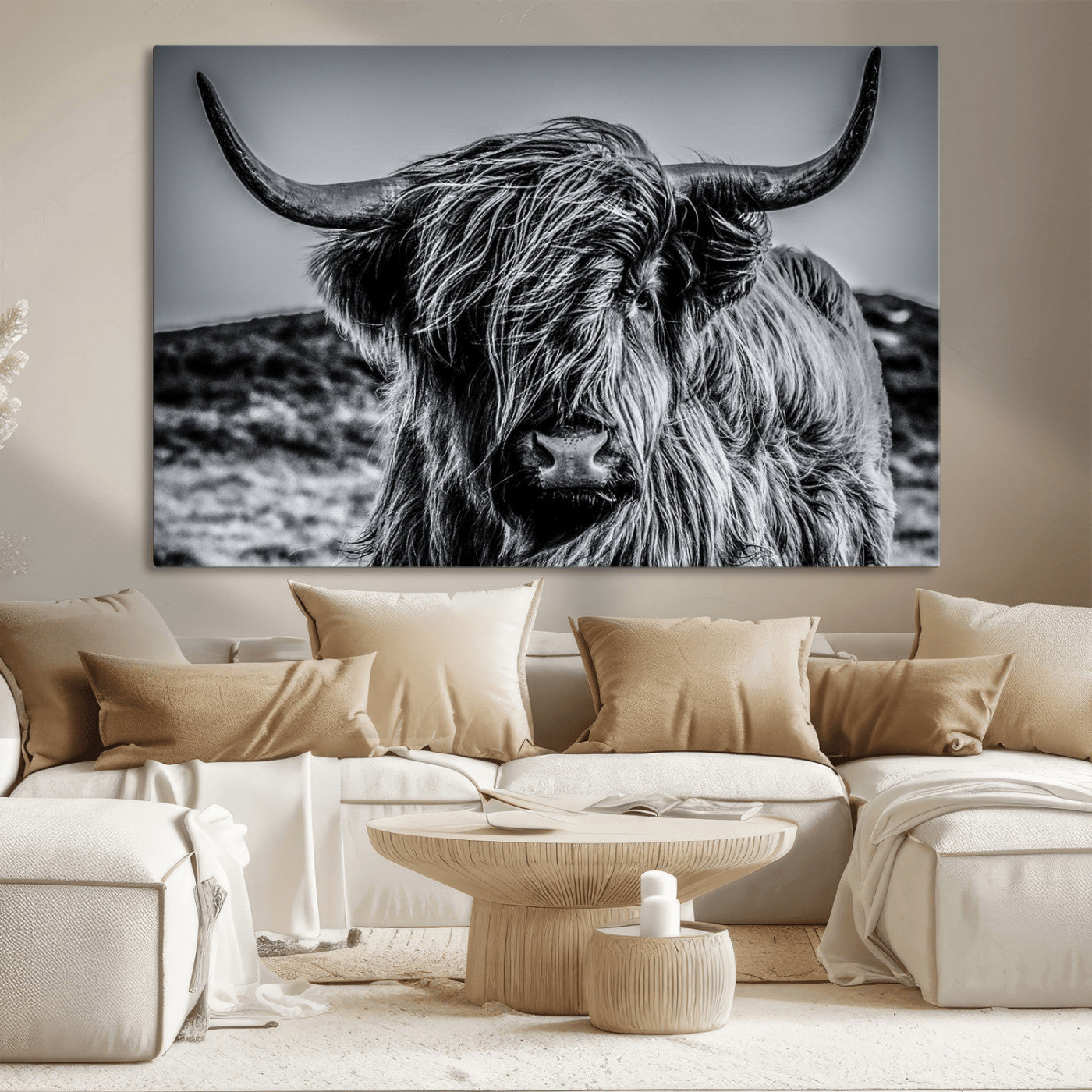 97372-MGV-CV-36X24-Elegant Highland Cow Wall Art – Black and White Canvas Print, Rustic Nature Decor for Home, Office, Living Room or Man Cave