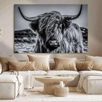 97372-MGV-CV-36X24-Elegant Highland Cow Wall Art – Black and White Canvas Print, Rustic Nature Decor for Home, Office, Living Room or Man Cave