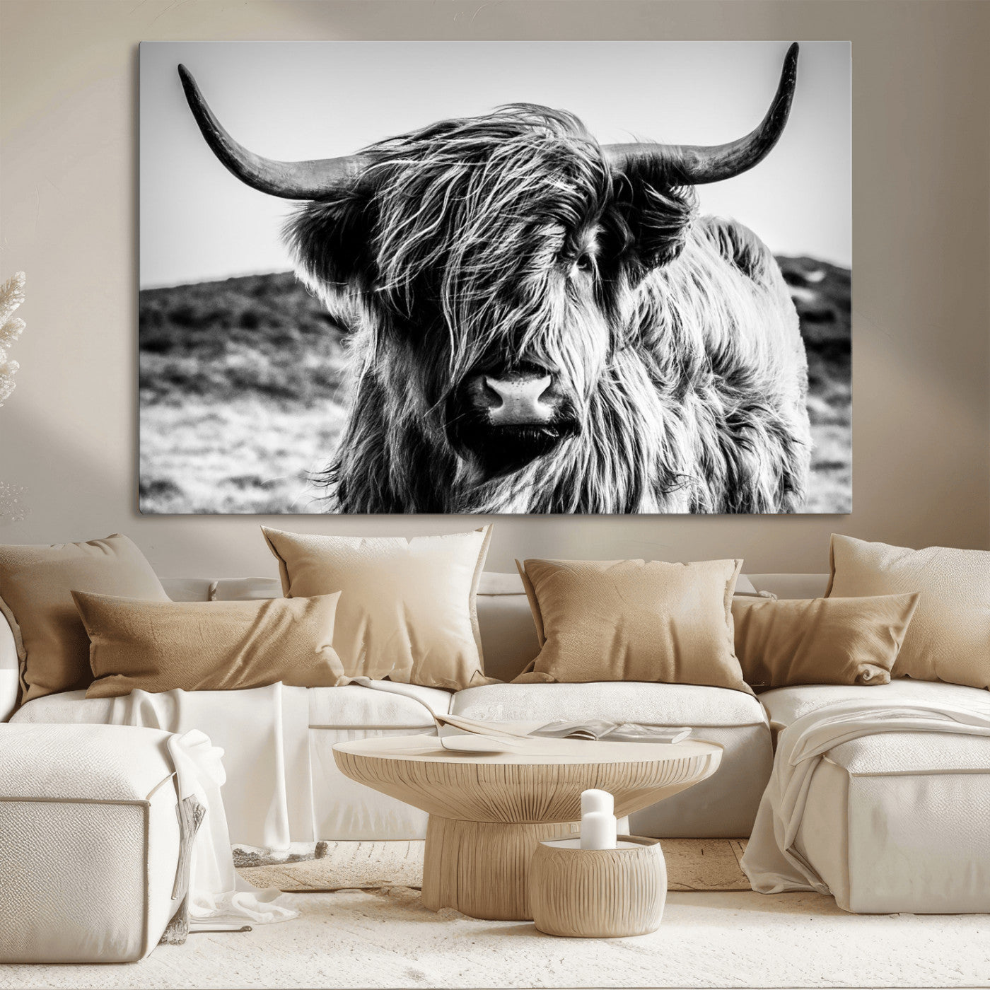 36979-MGV-CV-36X24-Striking black-and-white portrait of a Highland cow with flowing fur and majestic horns, perfect for rustic and elegant home or