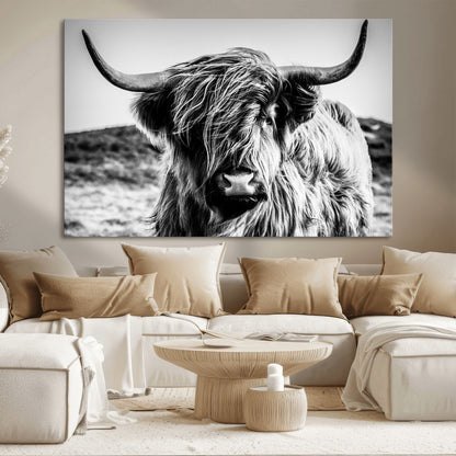 36979-MGV-CV-36X24-Striking black-and-white portrait of a Highland cow with flowing fur and majestic horns, perfect for rustic and elegant home or