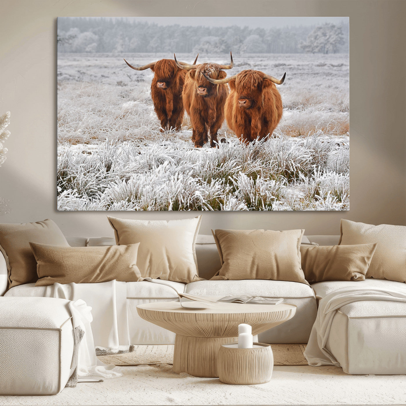 10396-MGV-CV-36X24-Highland Cattle Wall Art – Rustic Winter Landscape Canvas Print, Farmhouse Decor for Living Room, Office, Cabin or Country Home