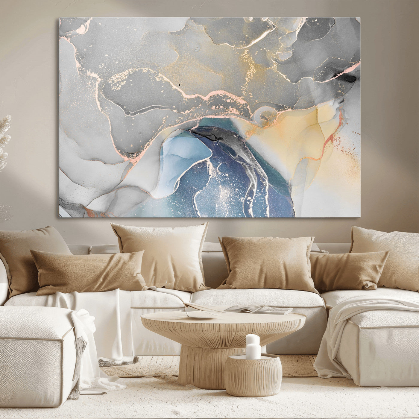 63211-MGV-CV-36X24-Abstract Fluid Art Wall Decor – Blue, Gray & Gold Canvas Print, Modern Home and Office Wall Art Decor for Living Room, Bedroom or