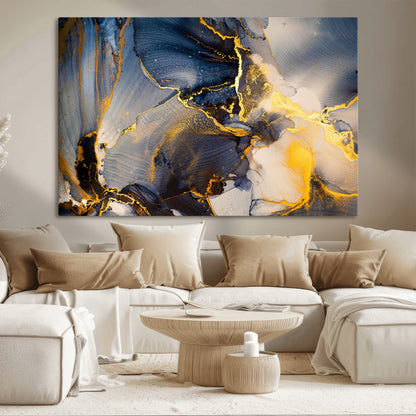 42100-MGV-CV-36X24-Golden Flow Abstract Wall Art – Panoramic Modern Blue and Gold Canvas Print, Contemporary Artistic Decor for Home, Office