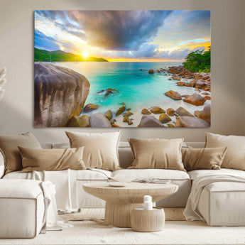 23769-MGV-CV-36X24-Tropical Beach Sunset Wall Art – Ocean Waves and Rocky Shore Canvas Print, Coastal Seascape Photography Decor