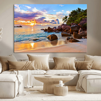 43209-MGV-CV-36X24-Tropical Beach Sunset Wall Art – Golden Ocean Waves and Palm Trees with Rocky Shore Canvas Print, Coastal Seascape Decor for