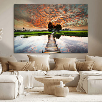 29105-MGV-CV-36X24-Rustic Wooden Bridge Wall Art – Scenic Sunset Over Rice Fields and Reflective Water Canvas Print, Nature Landscape Decor for