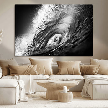 22702-MGV-CV-36X24-Black and White Ocean Wave Wall Art – Powerful Surf Curl Photography Canvas Print, Modern Coastal Decor for Living Room, Office or