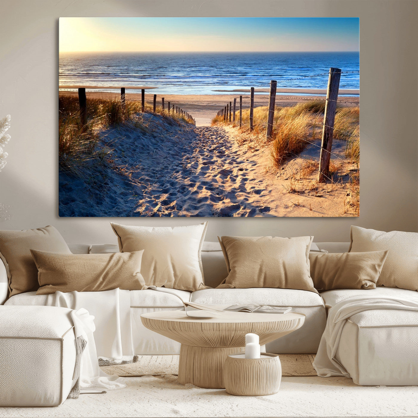 31889-MGV-CV-36X24-Sandy Beach Pathway Wall Art – Coastal Dune Fence and Ocean View Canvas Print, Relaxing Seaside Landscape Decor for Living Room or