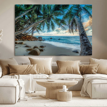 39679-MGV-CV-36X24-Tropical Palm Beach Wall Art – Serene Ocean Canvas Print with Palm Trees and Rocks, Coastal Paradise Decor for Living Room or