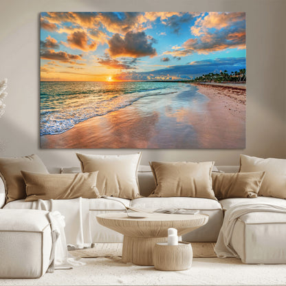 41572-MGV-CV-36X24-Sunset Beach Wall Art – Ocean Waves and Palm Trees Canvas Print, Tropical Coastal Sunset Seascape Decor for Living Room, Bedroom