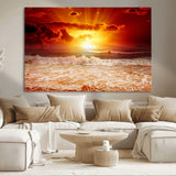 60211-MGV-CV-36X24-Fiery Sunset Ocean Wall Art – Red Sky Seascape Canvas Print with Waves, Bold Coastal Sunset Decor for Living Room or Bedroom