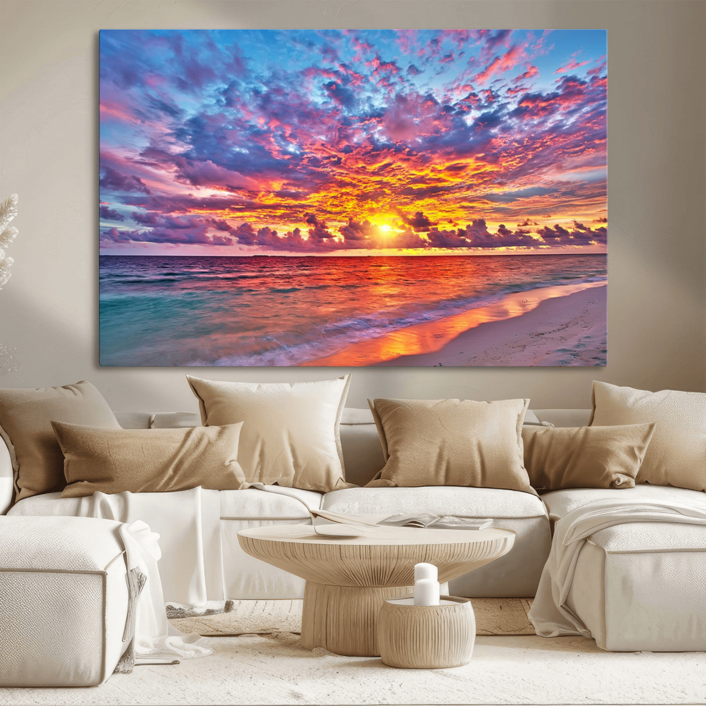 72836-MGV-CV-36X24-Fiery Sunset Beach Wall Art – Panoramic Vibrant Ocean Canvas Print, Dramatic Coastal Decor for Living Room, Bedroom or Office