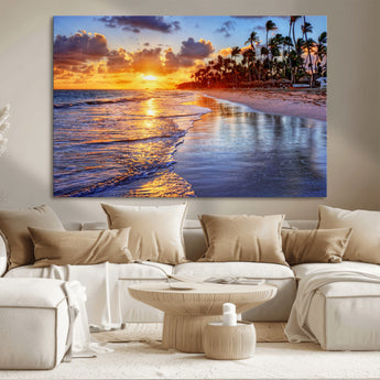 19917-MGV-CV-36X24-Tropical Sunset Beach Wall Art – Panoramic Palm Trees and Ocean Canvas Print, Vibrant Coastal Decor for Living Room, Office or Man