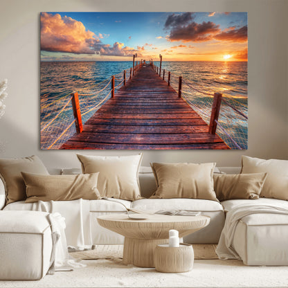 28836-MGV-CV-36X24-Ocean Pier Sunset Wall Art – Wooden Dock and Golden Horizon Canvas Print, Coastal Seascape Photography for Living Room, Bedroom,