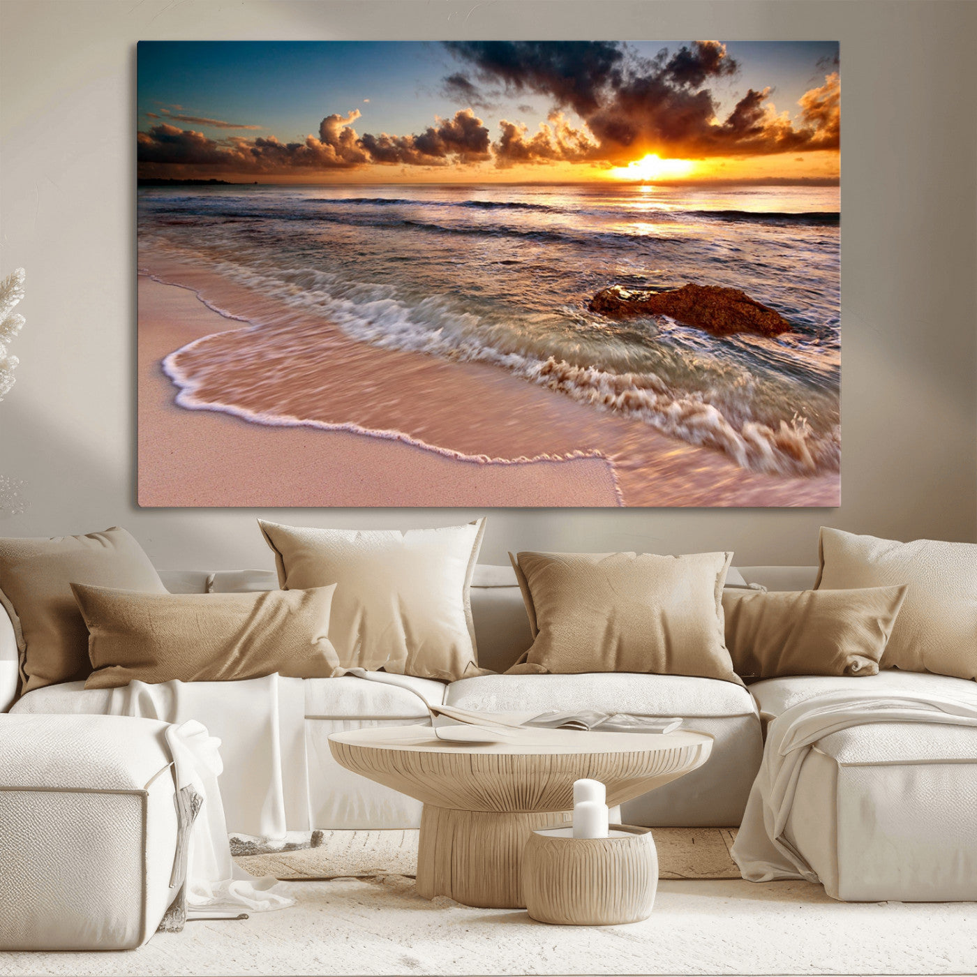 80979-MGV-CV-36X24-Golden Sunrise Beach Wall Art – Ocean Waves and Sandy Shore Canvas Print, Coastal Sunset Photography Artwork for Living Room,