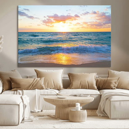 78006-MGV-CV-36X24-Golden Sunrise Ocean Wall Art – Panoramic Beach Waves Canvas Print, Coastal Seascape Artwork for Living Room, Bedroom, Office, or