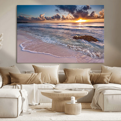 94906-MGV-CV-36X24-Sunrise Beach Wall Art – Panoramic Ocean Waves Canvas Print, Coastal Sunset Seascape Artwork for Living Room, Bedroom, or Office