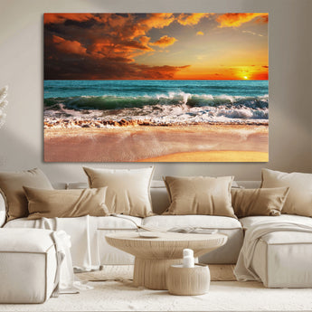 72948-MGV-CV-36X24-Ocean Sunset Wave Wall Art – Dramatic Seascape Canvas Print with Golden Sky and Crashing Waves, Coastal Beach Decor for Living