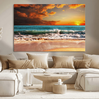 72948-MGV-CV-36X24-Ocean Sunset Wave Wall Art – Dramatic Seascape Canvas Print with Golden Sky and Crashing Waves, Coastal Beach Decor for Living