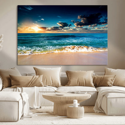 88985-MGV-CV-36X24-Ocean Sunset Wall Art – Tranquil Beach Waves Canvas Print, Coastal Seascape Decor for Living Room or Office